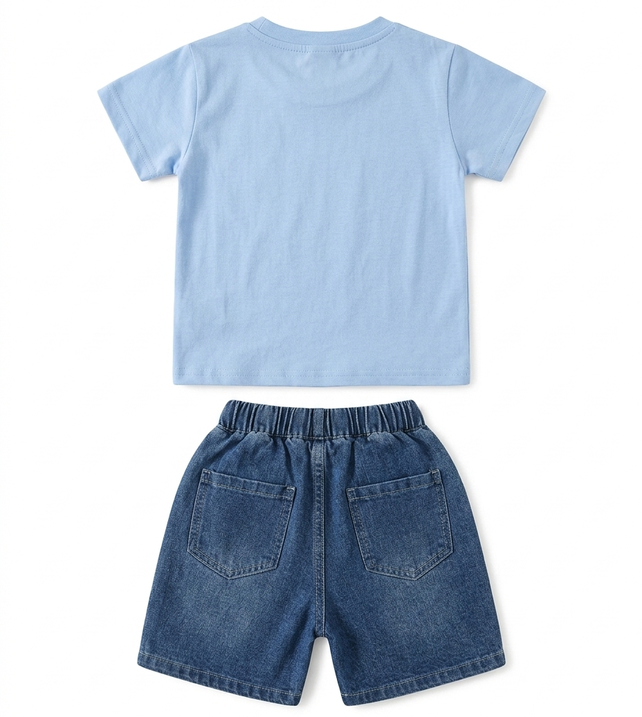 Boys Sky Blue Color Block T-Shirt & Denim Shorts