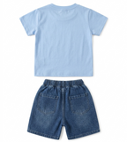 Boys Sky Blue Color Block T-Shirt & Denim Shorts