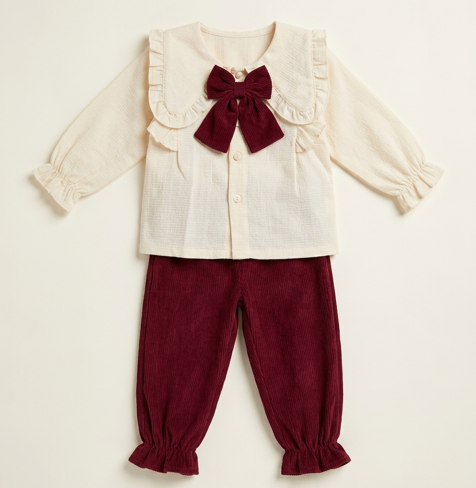 Girls Red Bow Shirt & Cargo Pants Set