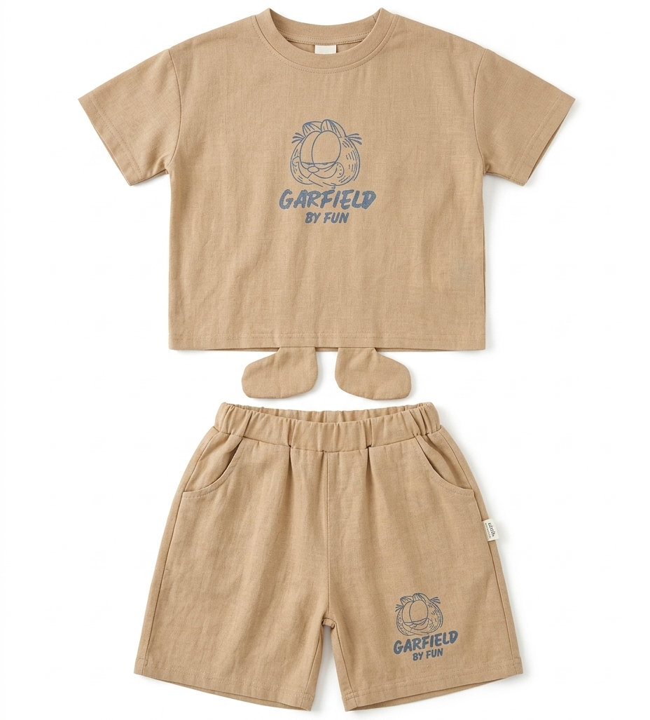 Boys Brown Cartoon Print T-Shirt & Shorts Set