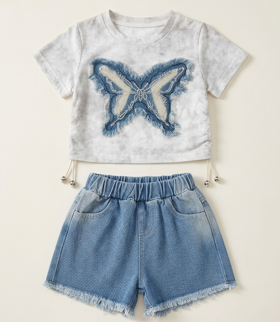 Girls Butterfly T Shirt Set with Denim Shorts