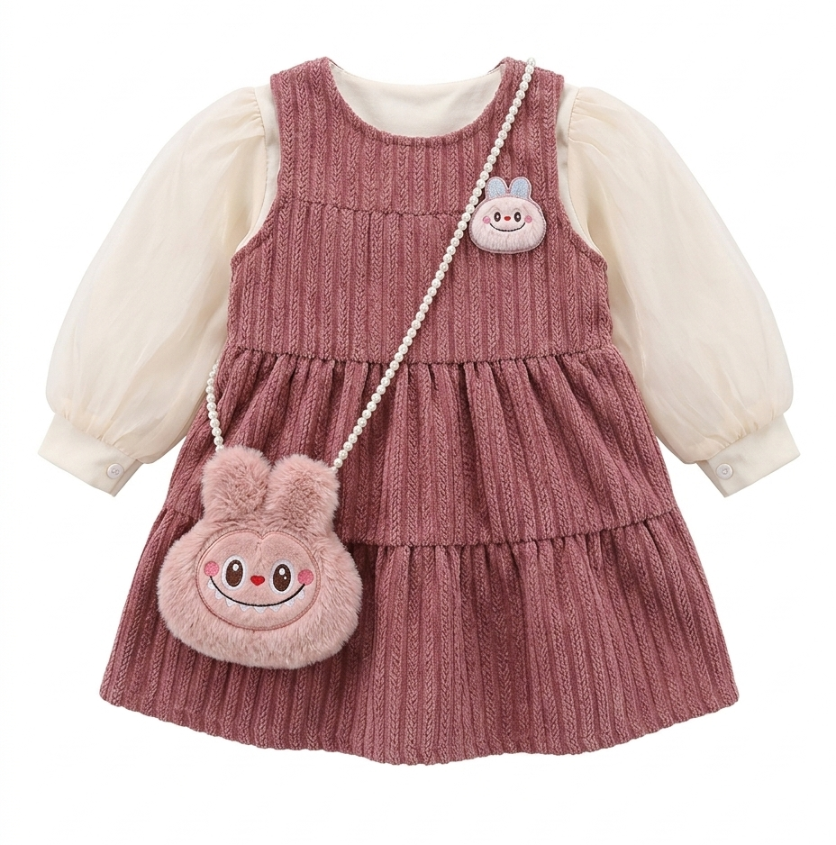 Girls Pink Textured Tiered Dress with Sheer Puff Sleeves & Cute Bunny Sling Bag