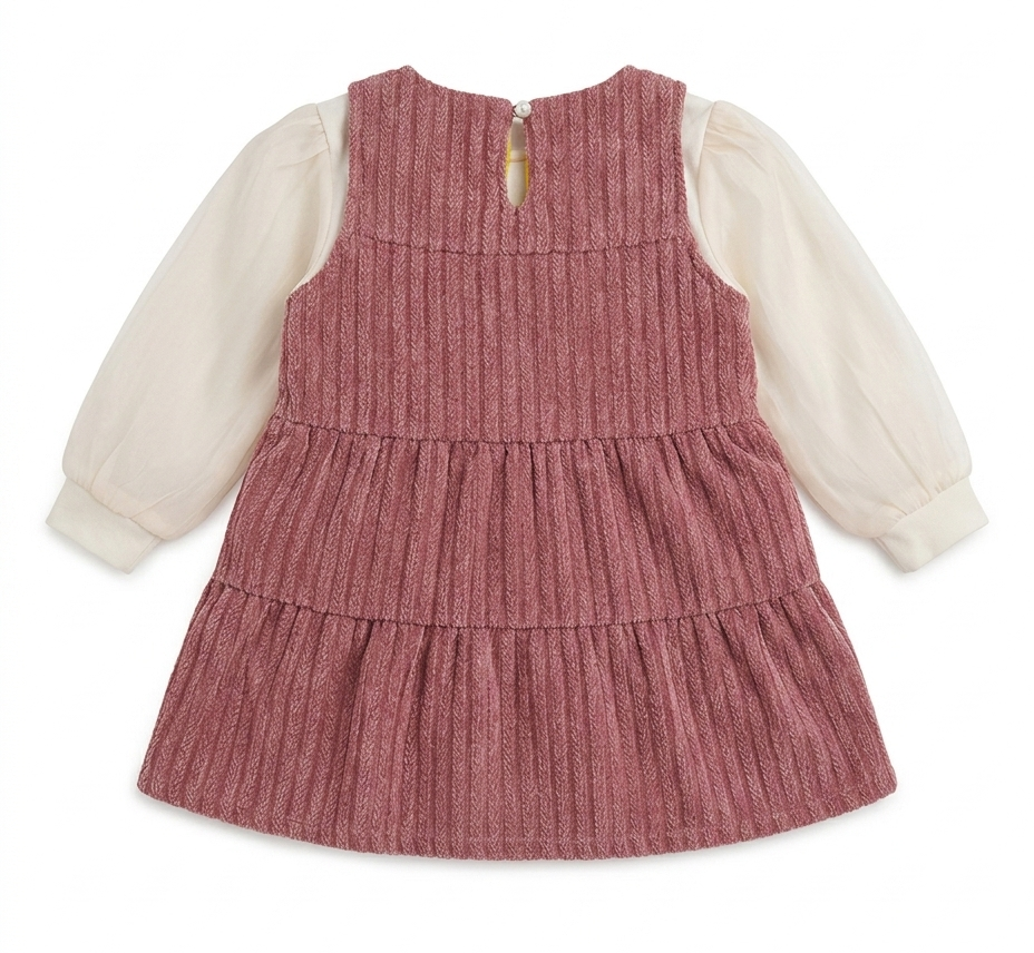 Girls Pink Textured Tiered Dress with Sheer Puff Sleeves & Cute Bunny Sling Bag
