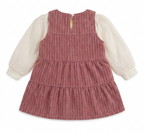 Girls Pink Textured Tiered Dress with Sheer Puff Sleeves & Cute Bunny Sling Bag