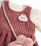Girls Pink Textured Tiered Dress with Sheer Puff Sleeves & Cute Bunny Sling Bag