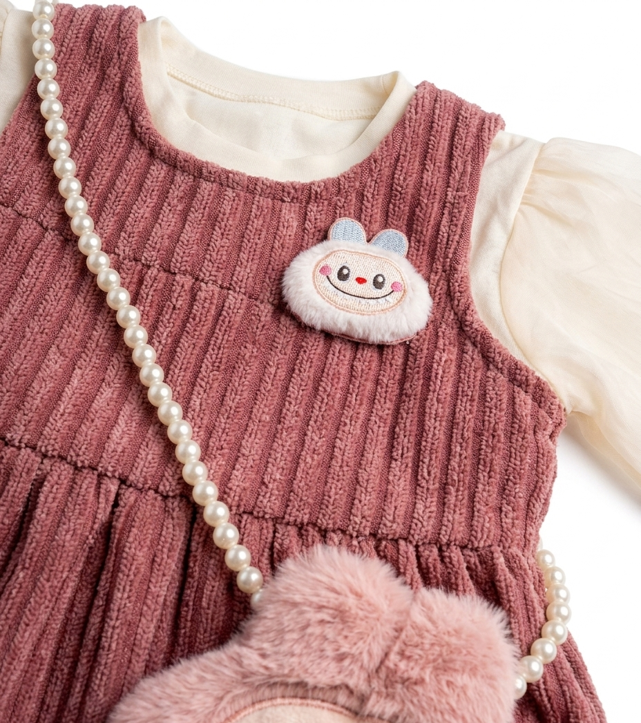 Girls Pink Textured Tiered Dress with Sheer Puff Sleeves & Cute Bunny Sling Bag