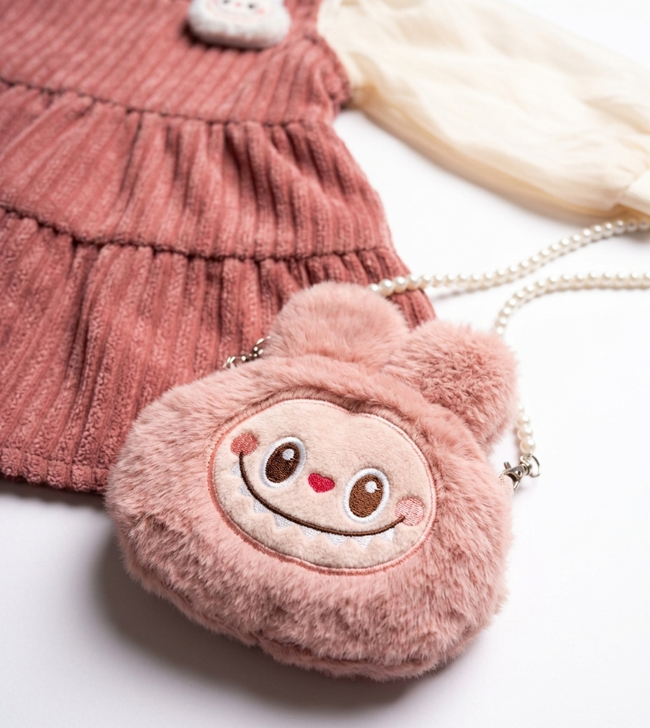 Girls Pink Textured Tiered Dress with Sheer Puff Sleeves & Cute Bunny Sling Bag