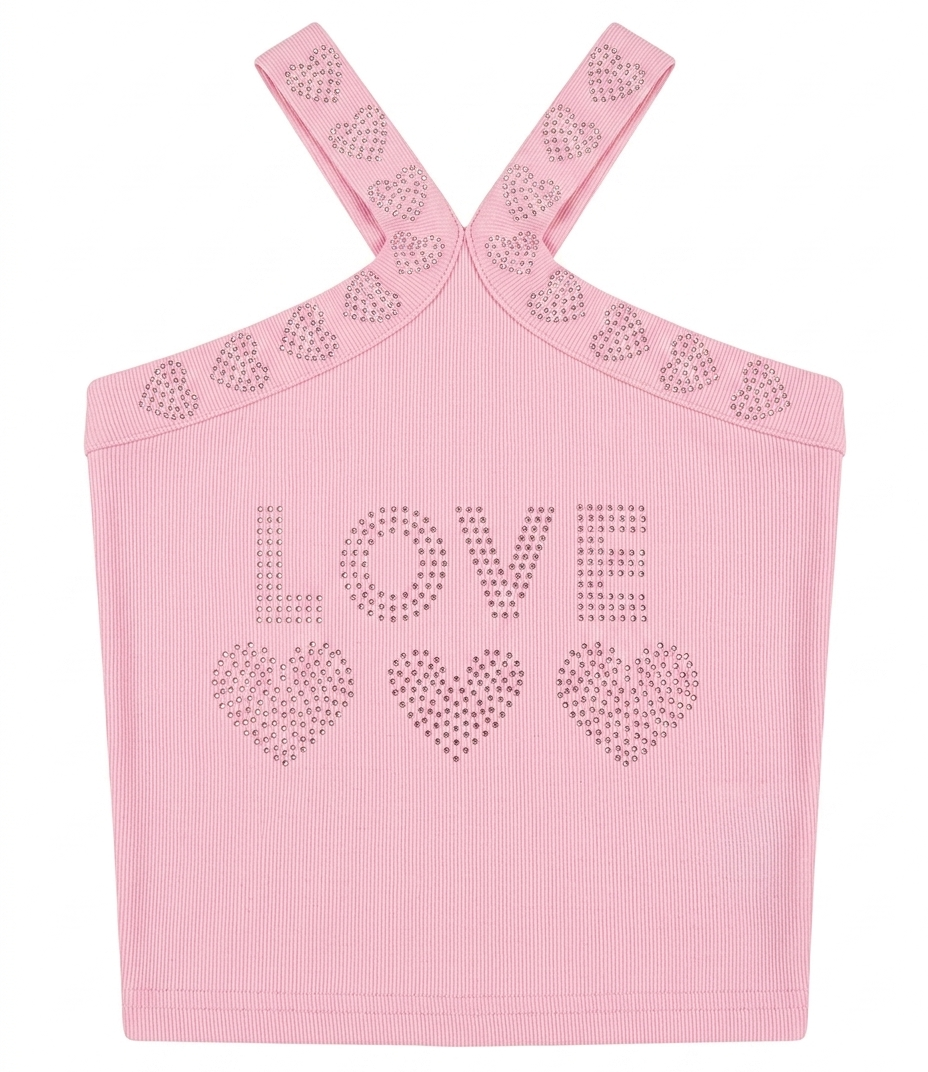 Girls Pink Rhinestone Love Cross Strap Ribbed Crop Top