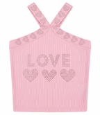 Girls Pink Rhinestone Love Cross Strap Ribbed Crop Top