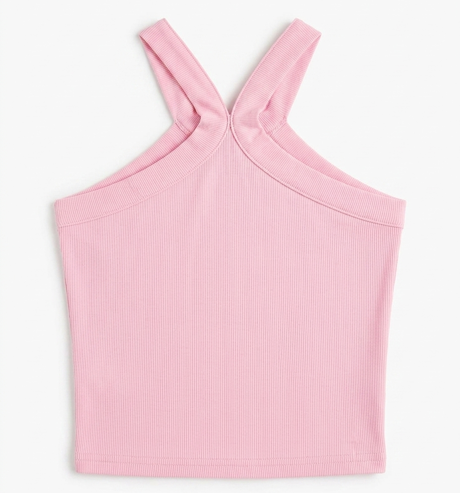 Girls Pink Rhinestone Love Cross Strap Ribbed Crop Top