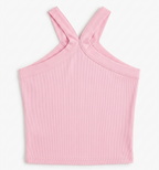 Girls Pink Rhinestone Love Cross Strap Ribbed Crop Top
