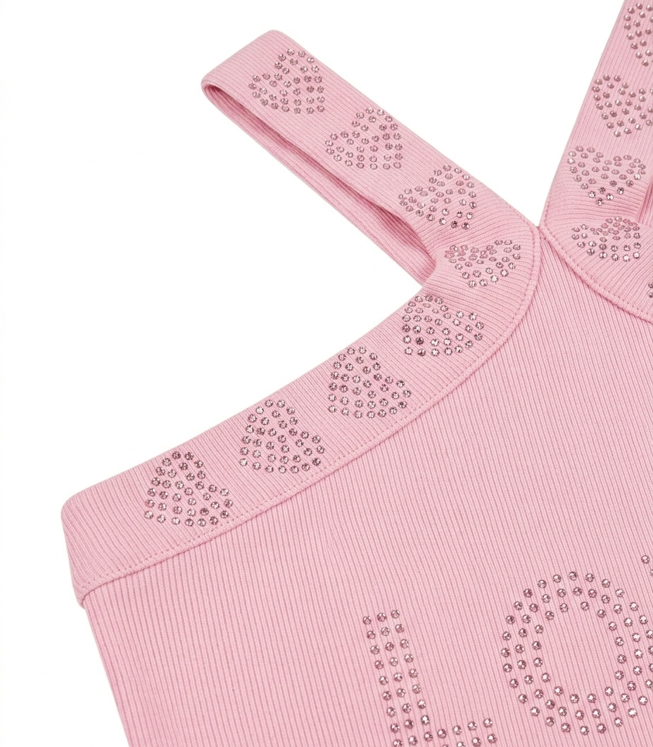 Girls Pink Rhinestone Love Cross Strap Ribbed Crop Top