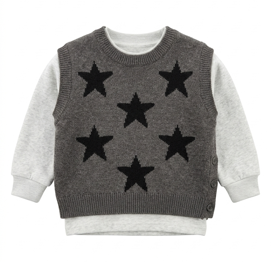Boys Grey Star Print Sweater Vest with Full Sleeve T-Shirt