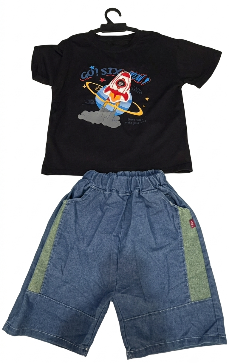 Boys Black Rocket Print T-Shirt with Blue Denim Shorts