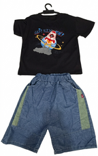 Boys Black Rocket Print T-Shirt with Blue Denim Shorts