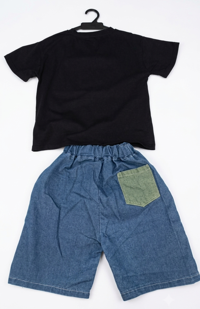 Boys Black Rocket Print T-Shirt with Blue Denim Shorts
