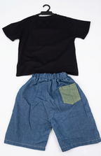 Boys Black Rocket Print T-Shirt with Blue Denim Shorts