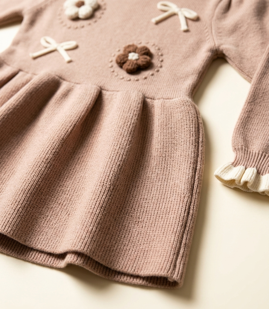 Girls Beige Knitted Winter Dress with Floral Embroidery