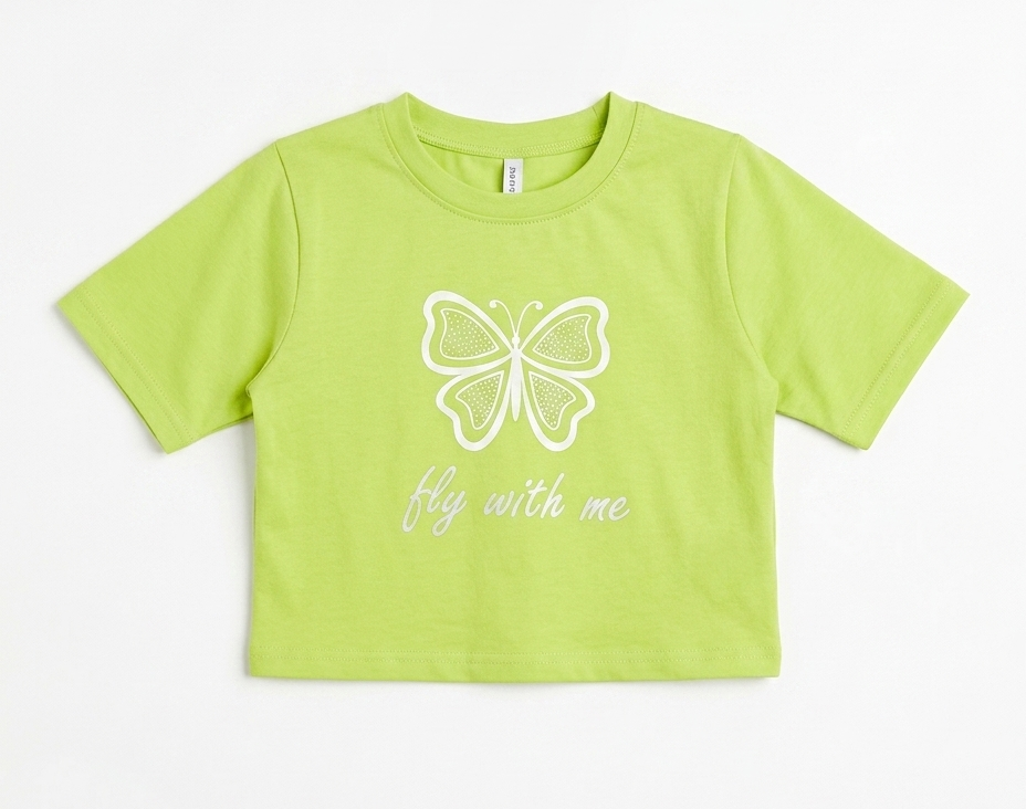 Girls Neon Green Butterfly Print Crop T-Shirt