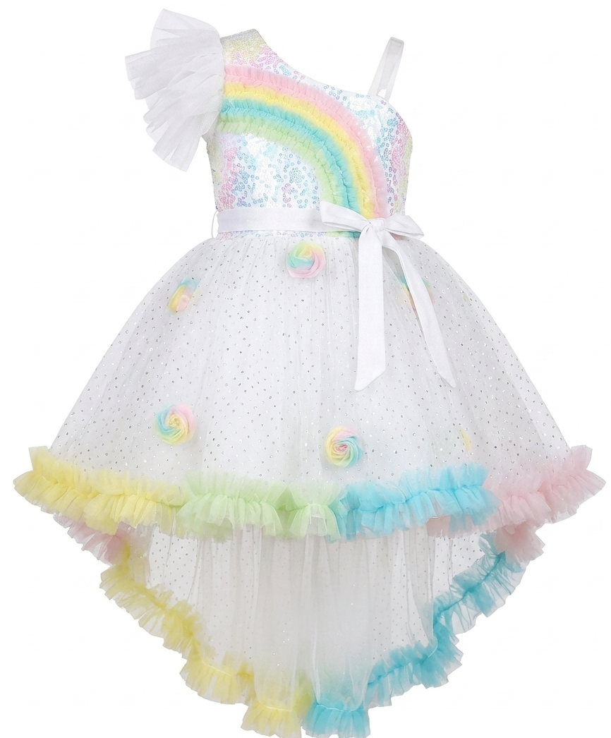 Girls Rainbow Sequin One Shoulder High-Low Party Dress