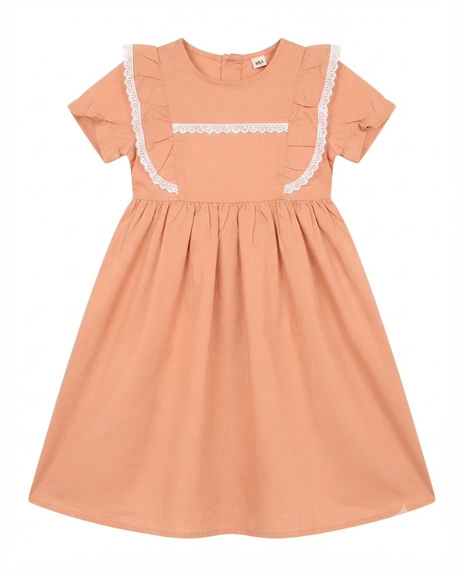 Girls Peach Lace Frill Cotton Fit & Flare Dress