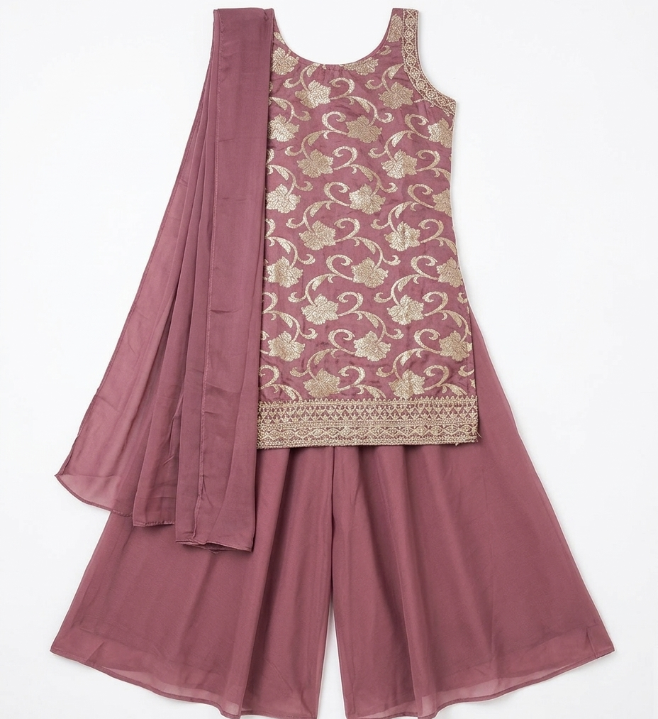 Girls Mauve Embroidered Kurta Palazzo Set with Dupatta