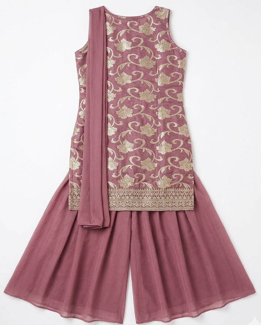 Girls Mauve Embroidered Kurta Palazzo Set with Dupatta