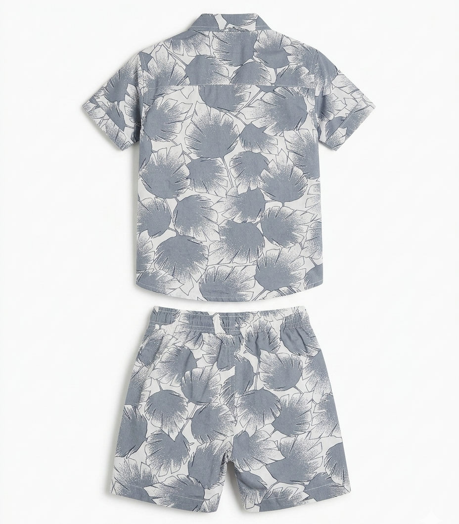 Boys Grey Tropical Leaf Print Shirt & Shorts Co-Ord Set
