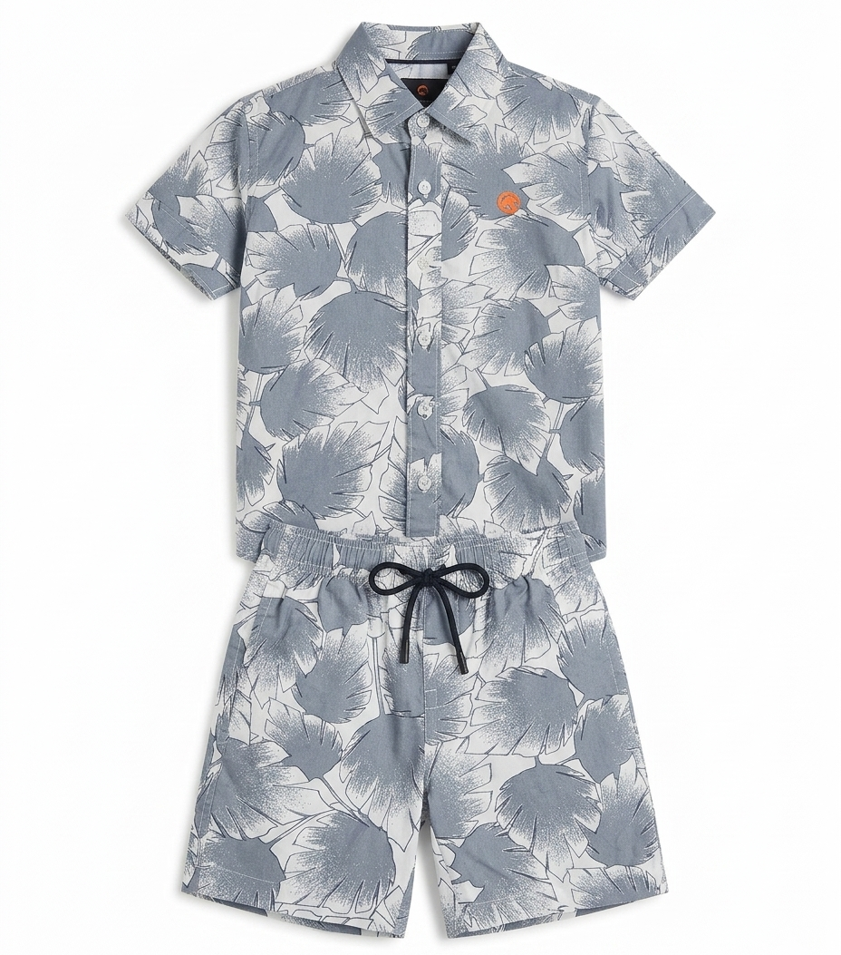 Boys Grey Tropical Leaf Print Shirt & Shorts Co-Ord Set