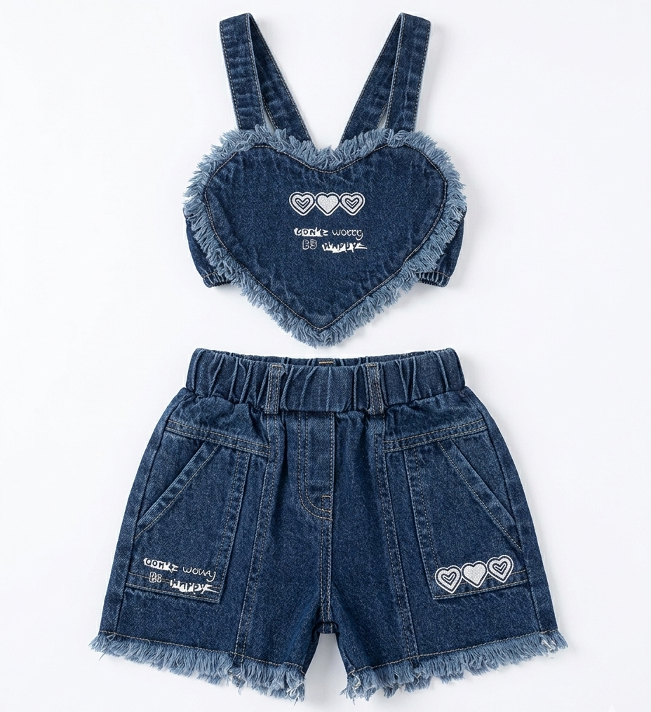 Girls Dark Blue Heart Denim Crop Top & Shorts