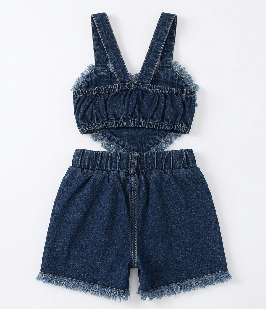 Girls Dark Blue Heart Denim Crop Top & Shorts