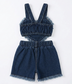 Girls Dark Blue Heart Denim Crop Top & Shorts
