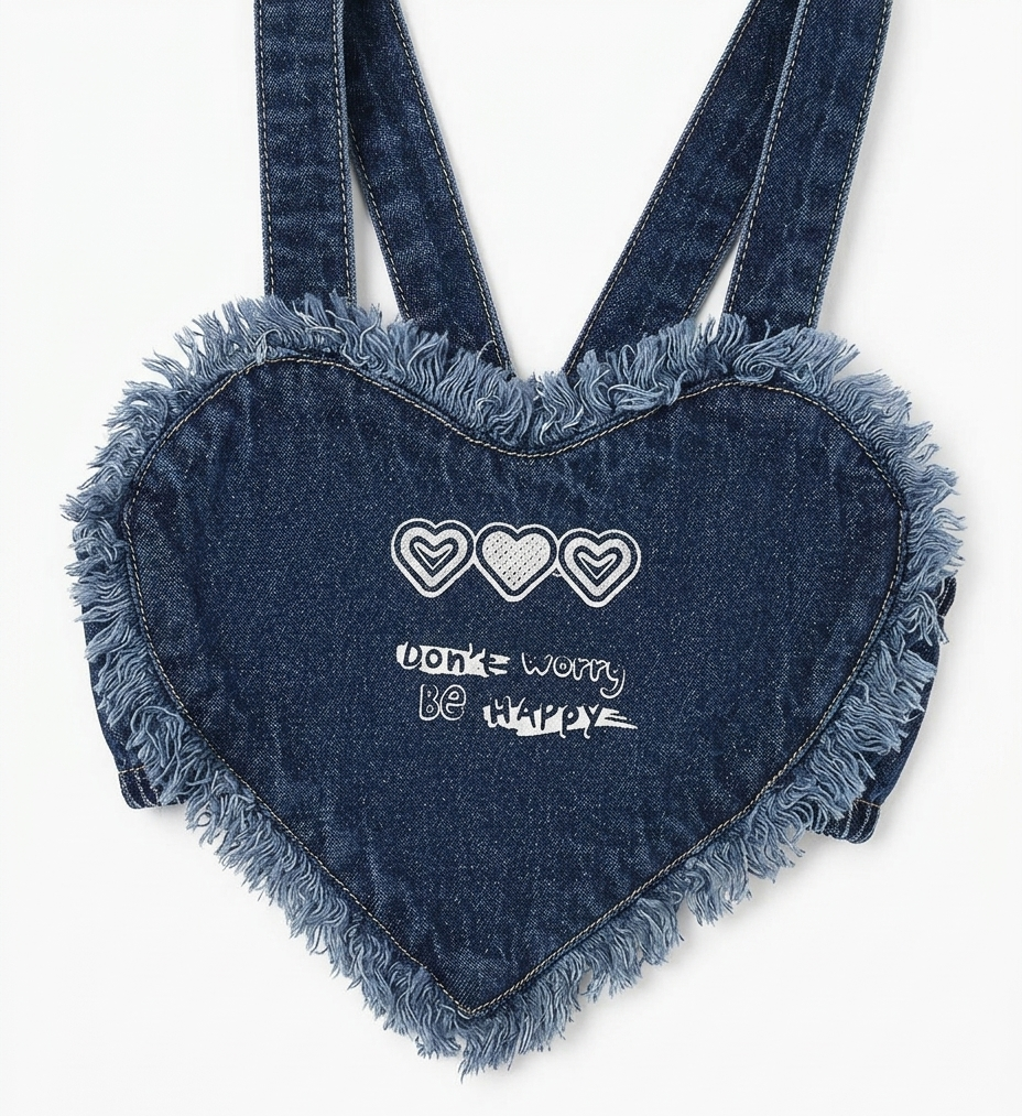Girls Dark Blue Heart Denim Crop Top & Shorts