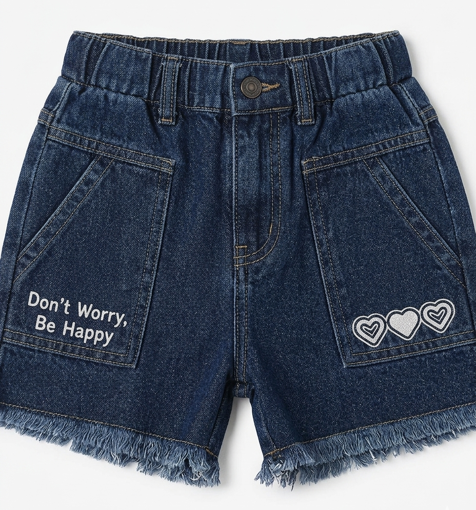 Girls Dark Blue Heart Denim Crop Top & Shorts