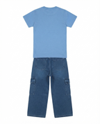 Girls Blue Cartoon Print T-Shirt with Denim Cargo Pants