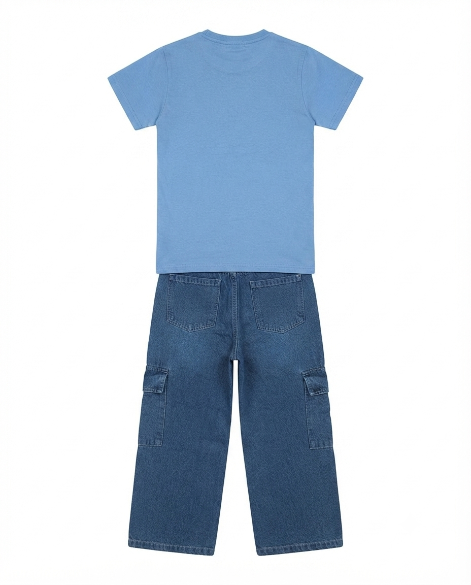 Girls Blue Cartoon Print T-Shirt with Denim Cargo Pants