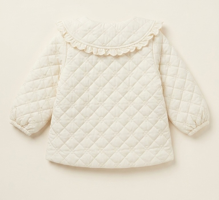 Girls Off White Quilted Winter Jacket with Peter Pan Collar
