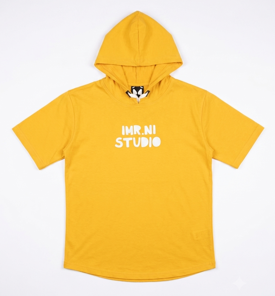 Boys Yellow Hooded Cotton T-Shirt with Graphic Print