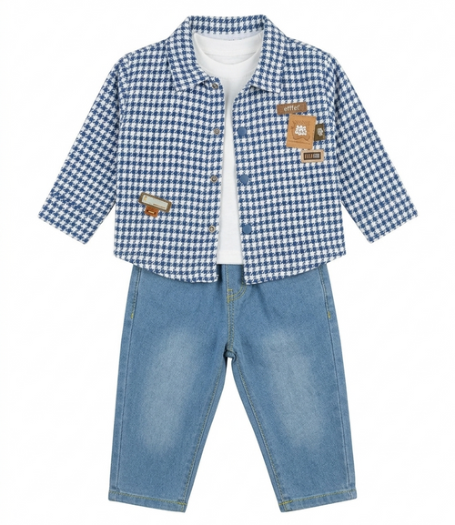 Boys Blue Checked Shirt Jacket with White T-Shirt & Denim Jeans