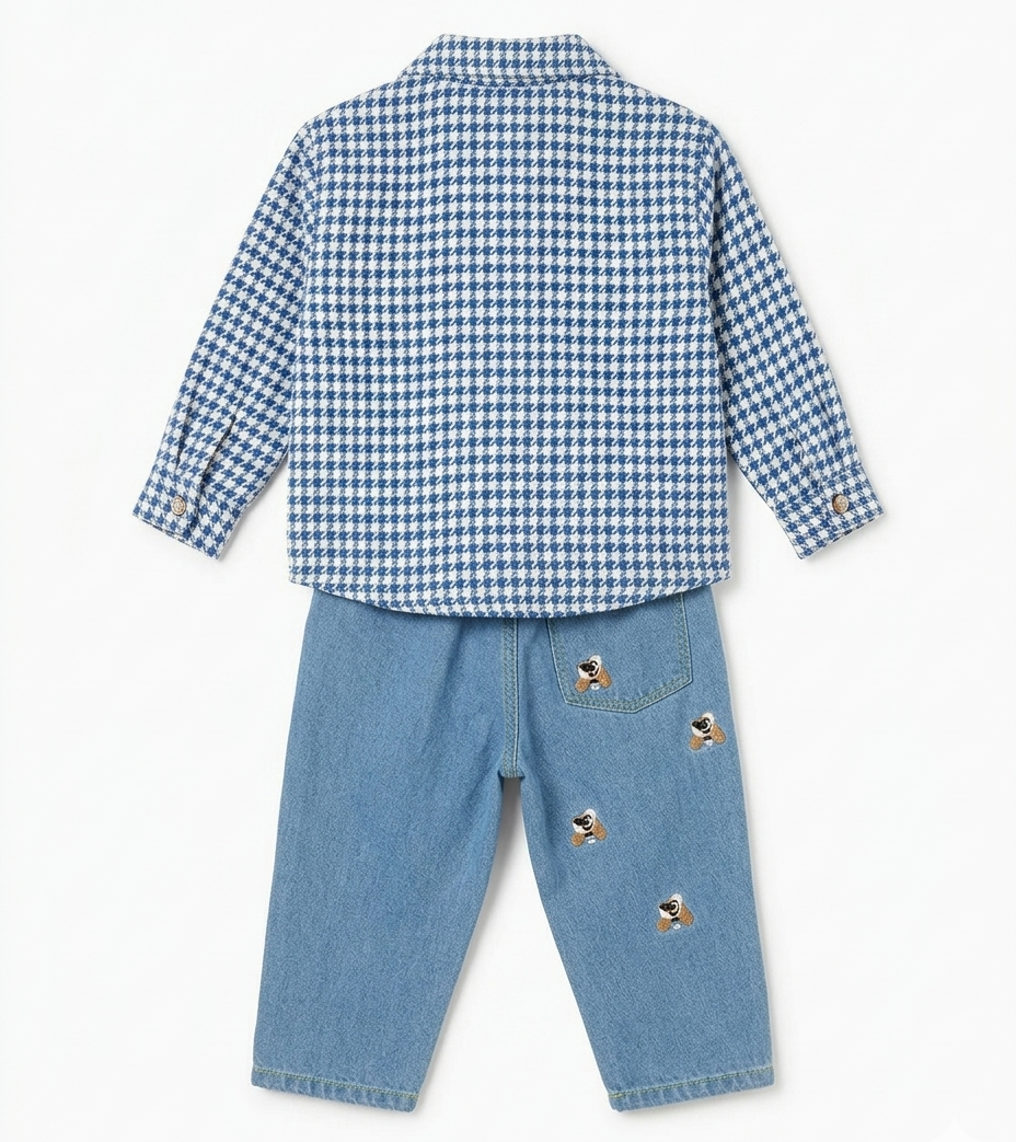 Boys Blue Checked Shirt Jacket with White T-Shirt & Denim Jeans