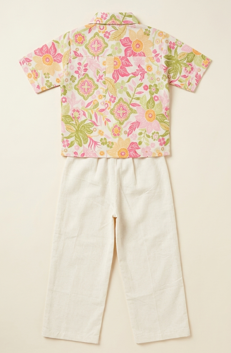 Girls Floral Print Cotton Shirt with White Straight Pants