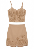 Girls Beige Embroidered Crop Top with SkIrt