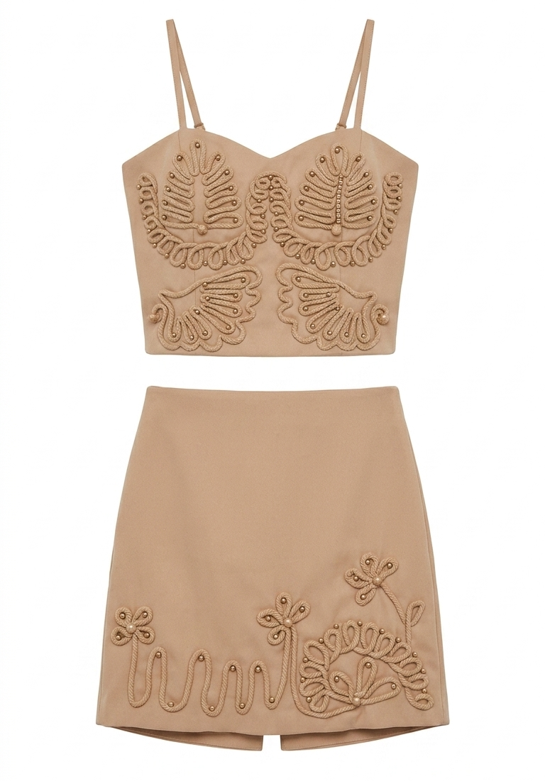 Girls Beige Embroidered Crop Top with SkIrt