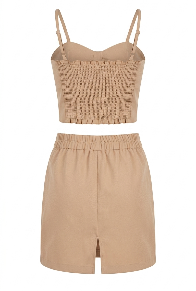 Girls Beige Embroidered Crop Top with SkIrt
