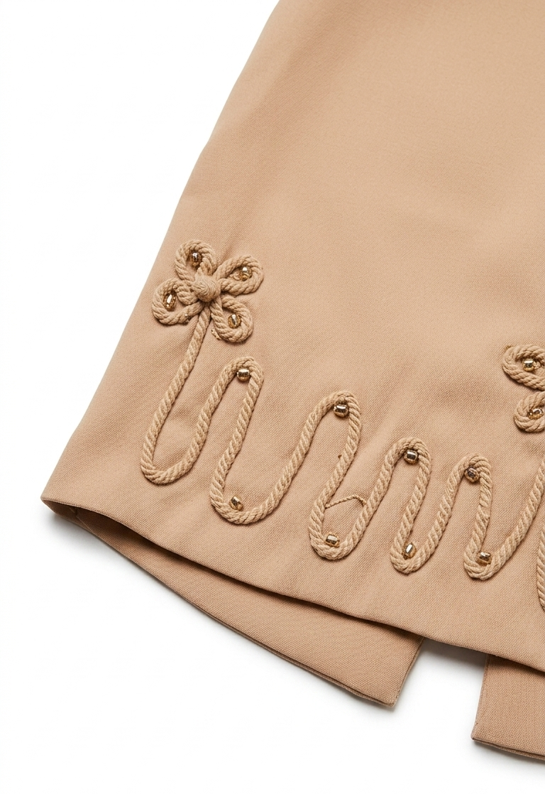 Girls Beige Embroidered Crop Top with SkIrt