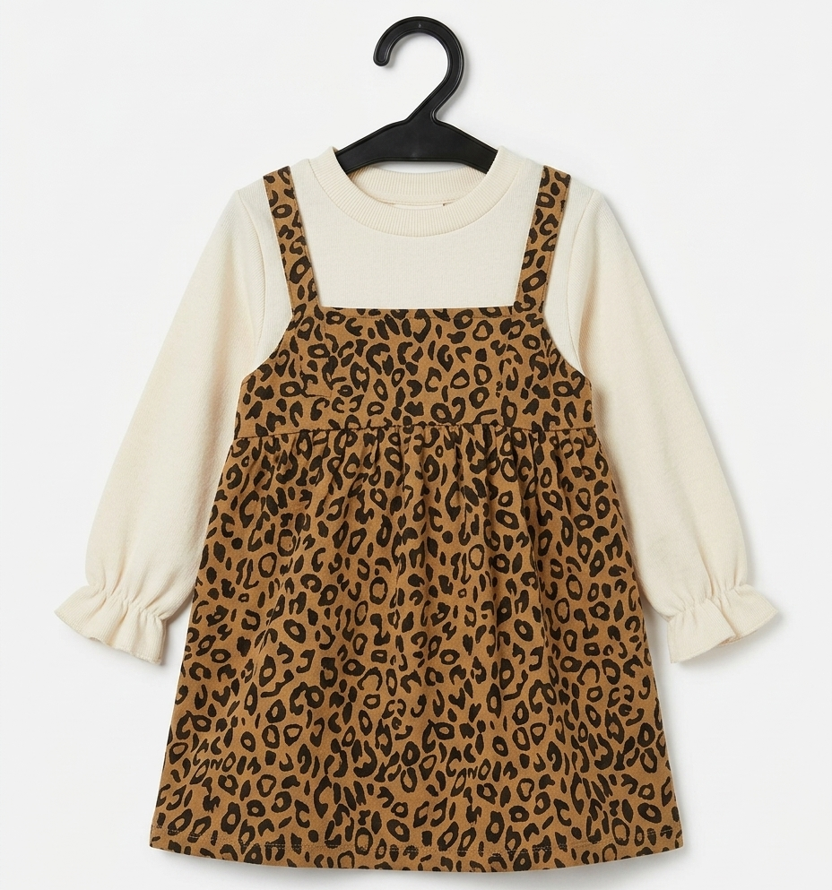 Girls Brown Leopard Print Pinafore Dress