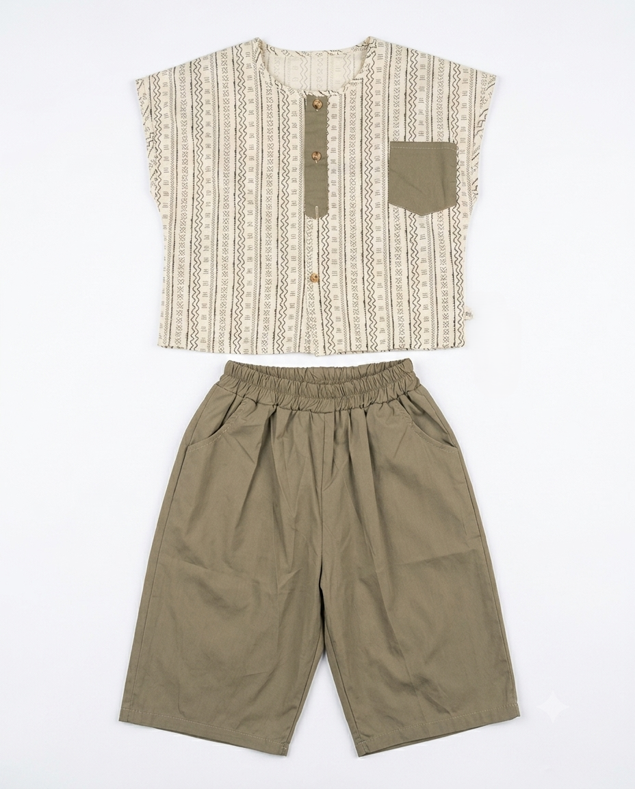 Boys Printed Cotton Shirt & Shorts Co-Ord Set