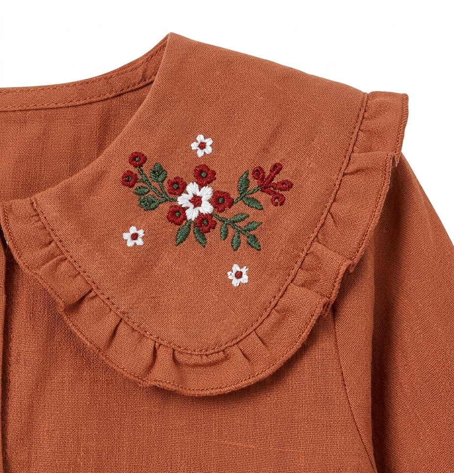 Girls Rust Embroidered Peter Pan Collar Cotton Shirt