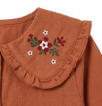 Girls Rust Embroidered Peter Pan Collar Cotton Shirt