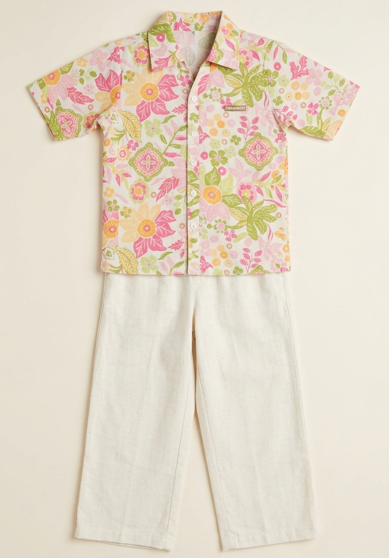 Girls Floral Print Cotton Shirt with White Straight Pants